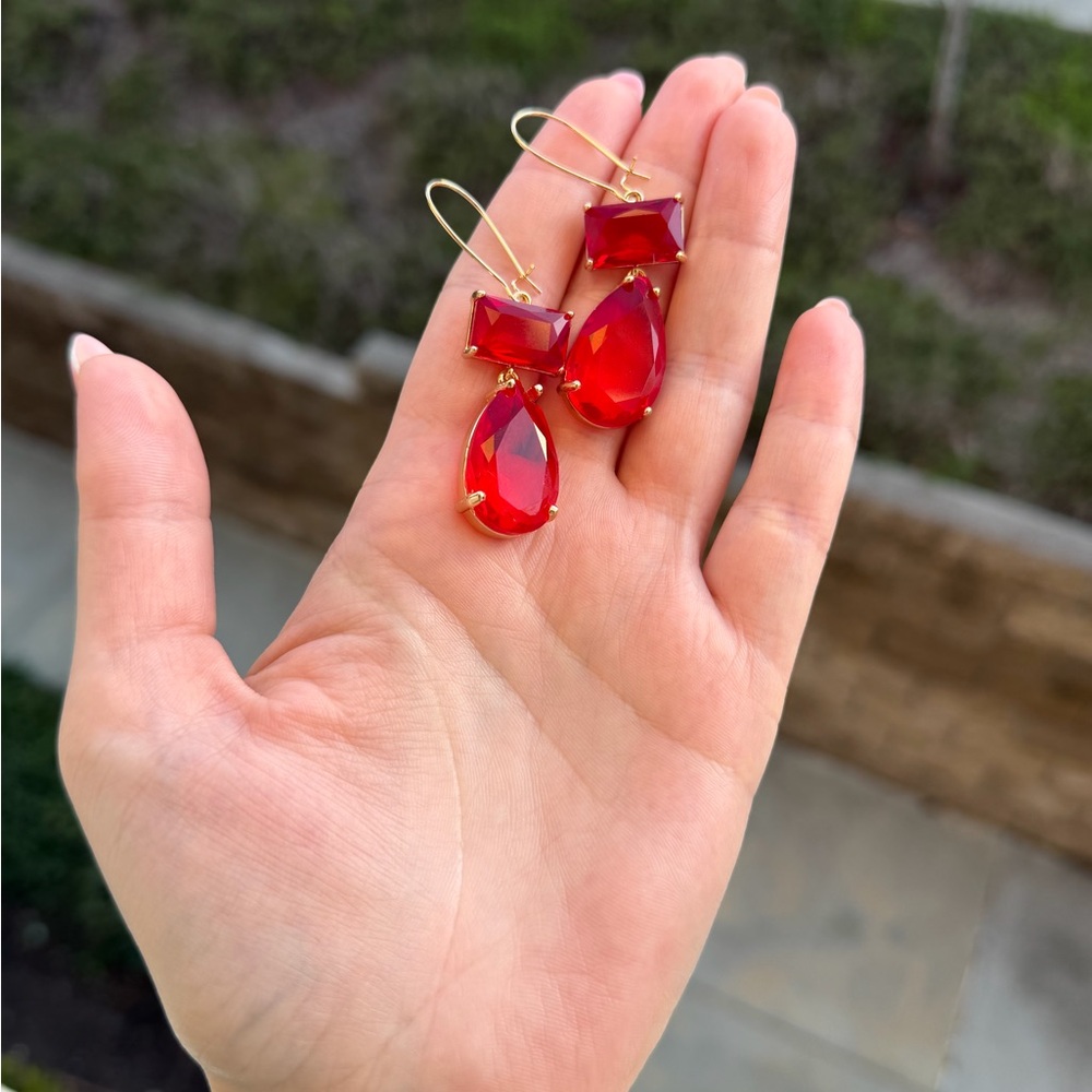 Red Crystal Dangle Drop Earrings - Picture 3 of 4